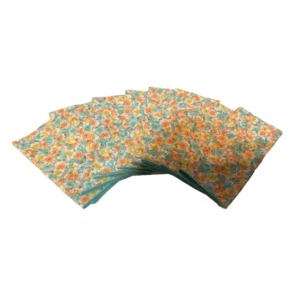 8 Vintage Napkins Blue Floral Square Serged Edges Cottage Core 16 1/2 x 16 1/2